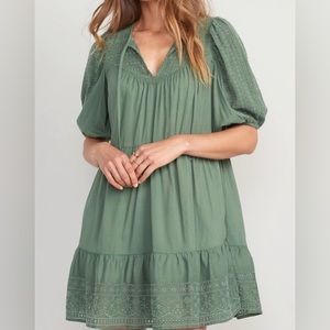Puff-Sleeve Tiered Embroidered Mini Swing Dress for Women